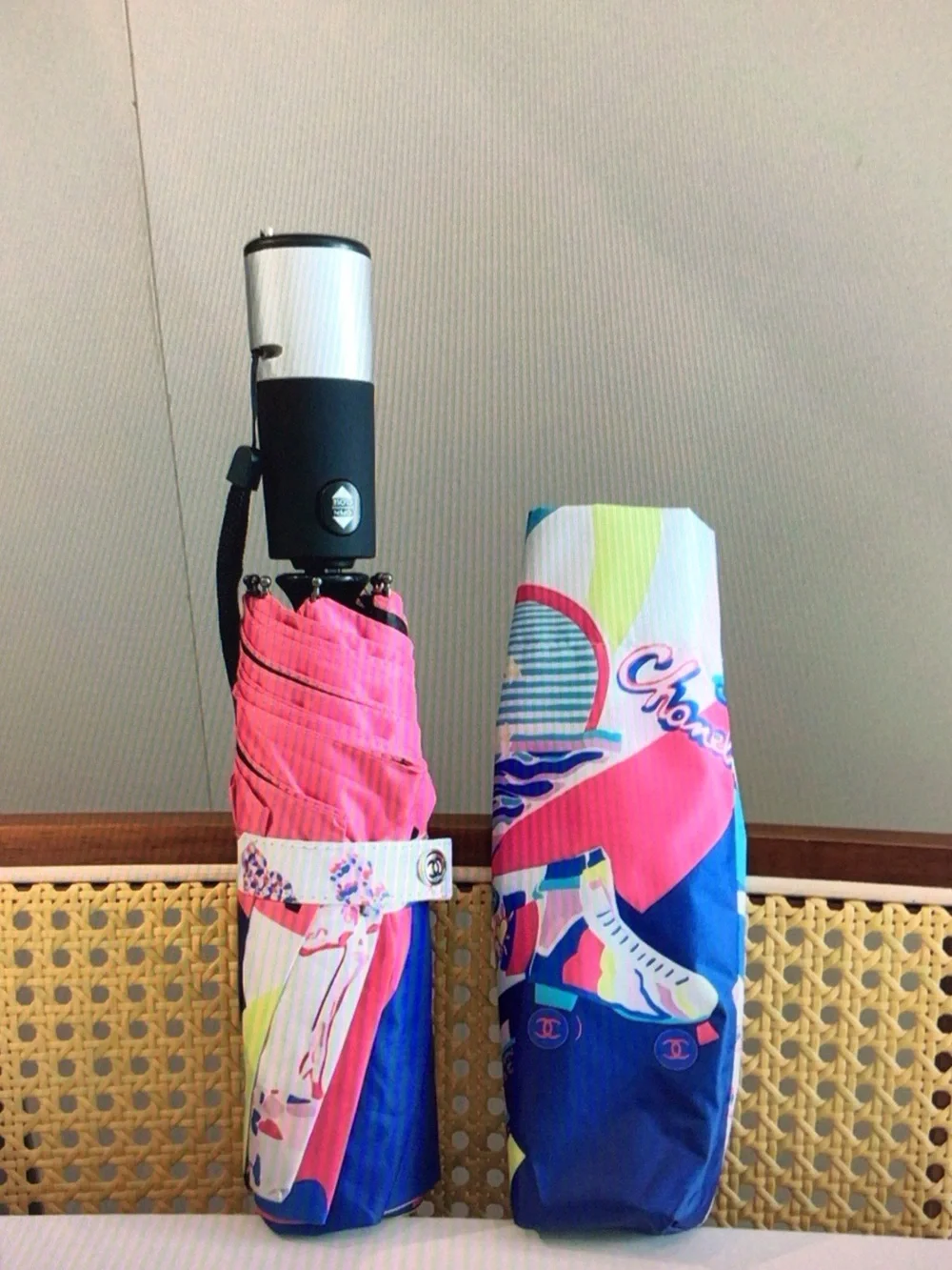 CHANEL Pink, Blue & Yellow Graphic Coco Heart Umbrella